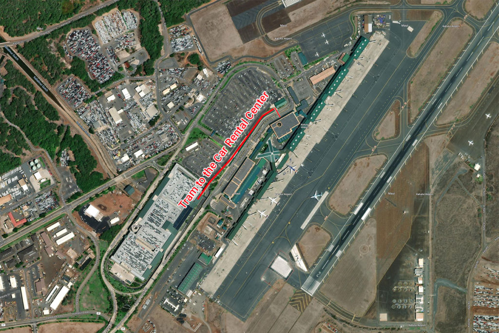 Aerial map of tram to the car rental center at the Maui airport