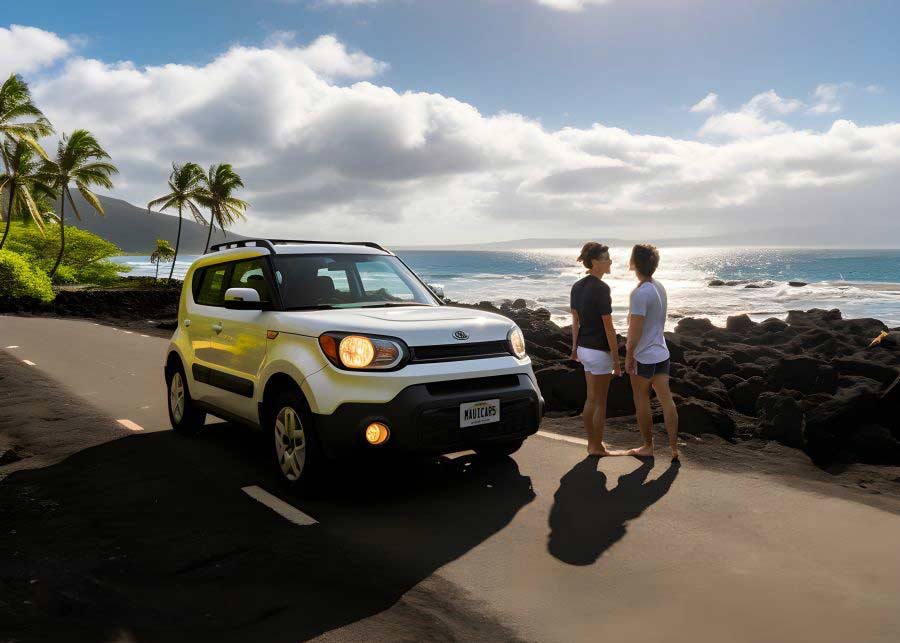 Couple with economy car rental near Kahului