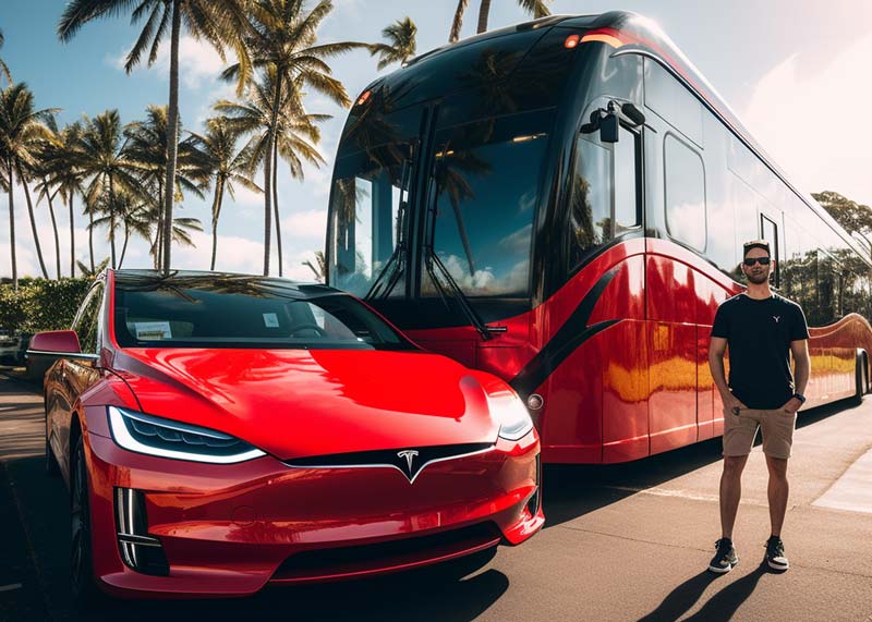 Tourist standing in front of a Tesla rental and a transit bus