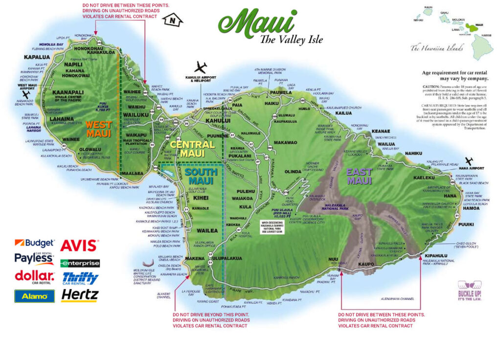 Car rental companies map of restricted roads on Maui