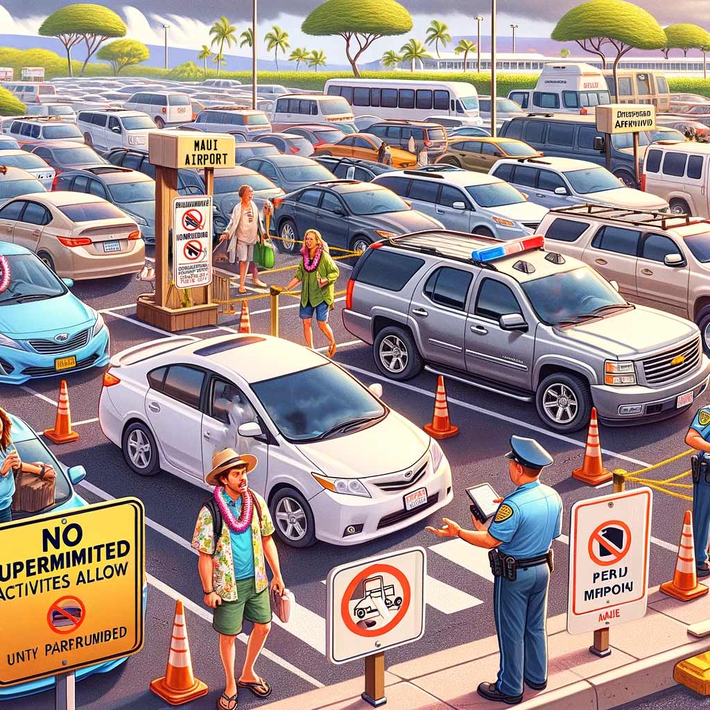 illustration of chaotic parking lot at the maui airport
